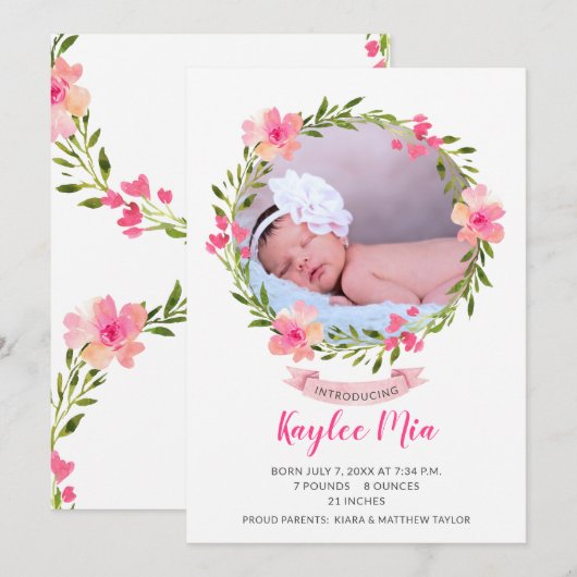 Waterverf Floral Wreatfoto geboorte Aankondiging (Voorkant / Achterkant)