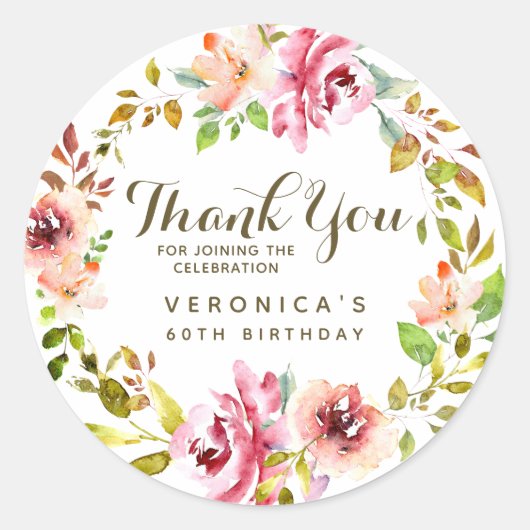 Waterverf Floral Wreath 60th Birthday Hartelijk da Ronde Sticker (Voorkant)