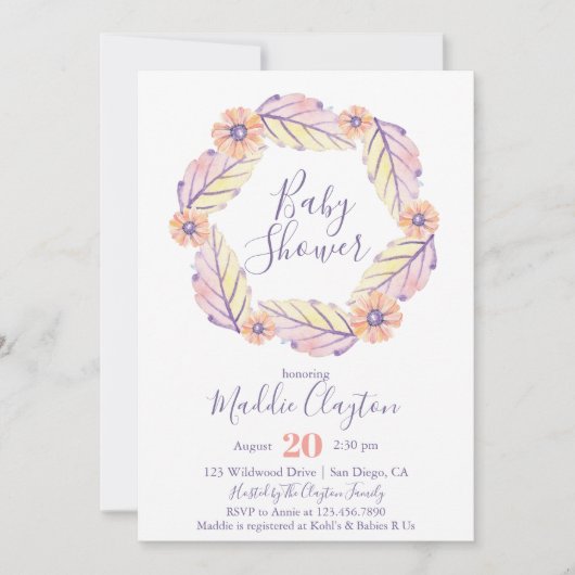 Waterverf Floral Wreath Baby shower Invitation Kaart (Voorkant)