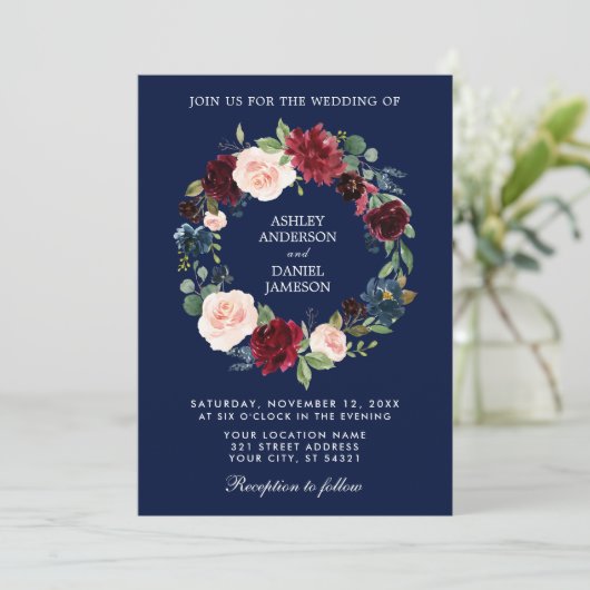 Waterverf Floral Wreath Burgundy Blue Wedding B Kaart (Staand voorkant)