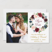 Waterverf Floral Wreath Burgundy Blue Wedding B Save The Date (Voorkant)