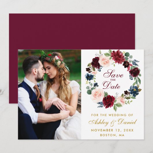 Waterverf Floral Wreath Burgundy Blue Wedding B Save The Date (Voorkant / Achterkant)