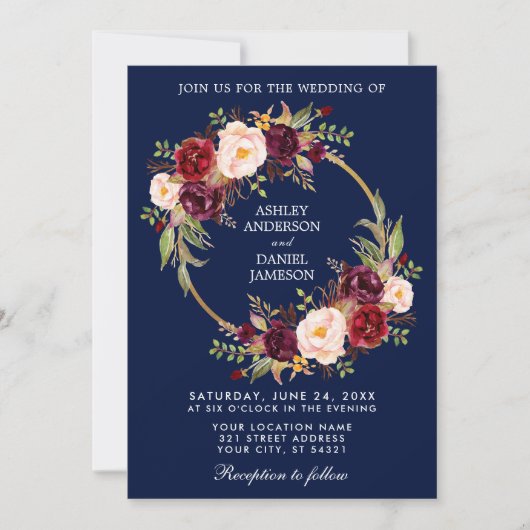 Waterverf Floral Wreath Burgundy Blue Wedding Kaart (Voorkant)