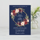 Waterverf Floral Wreath Burgundy Blue Wedding Kaart (Staand voorkant)