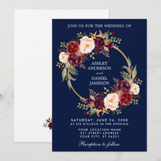 Waterverf Floral Wreath Burgundy Blue Wedding Kaart (Voorkant / Achterkant)