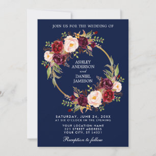 Waterverf Floral Wreath Burgundy Blue Wedding Kaart