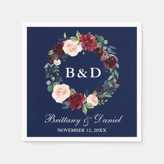 Waterverf Floral Wreath Burgundy Blue Wedding Servet (Voorkant)