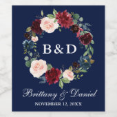 Waterverf Floral Wreath Burgundy Blue Wedding Wijn Etiket (Enkel label)