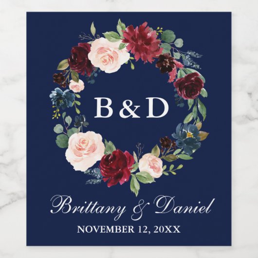 Waterverf Floral Wreath Burgundy Blue Wedding Wijn Etiket (Enkel label)