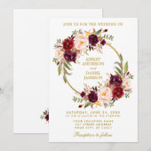 Waterverf Floral Wreath Burgundy Gold Wedding Kaart (Voorkant / Achterkant)