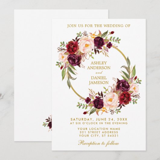 Waterverf Floral Wreath Burgundy Gold Wedding Kaart (Voorkant / Achterkant)