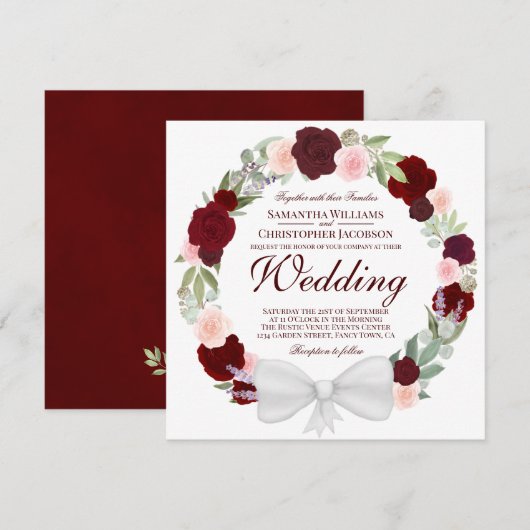 Waterverf Floral Wreath Burgundy Red Wedding Kaart (Voorkant / Achterkant)