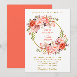 Waterverf Floral Wreath Coral Wedding Gold Kaart