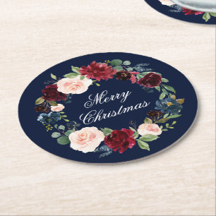 Waterverf Floral Wreath Elegant Merry Kerstmis Ronde Kartonnen Onderzetter
