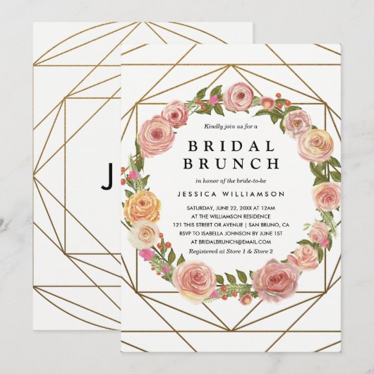 Waterverf Floral Wreath Geometric Bridal Brunch Kaart (Voorkant / Achterkant)