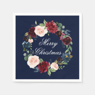 Waterverf Floral Wreath Merry Kerstblauw Servet