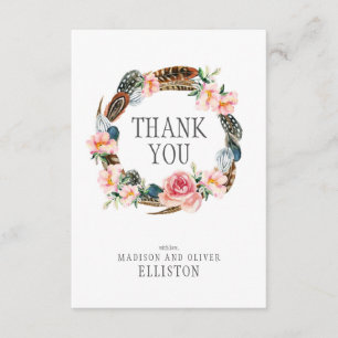 Waterverf Floral Wreath met veren   Dank u wel Bedankkaart
