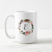 Waterverf Floral Wreath met veren | Monogram Koffiemok (Links)
