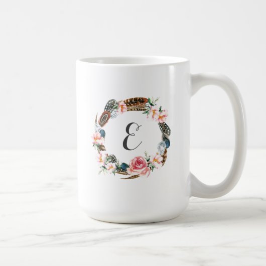 Waterverf Floral Wreath met veren | Monogram Koffiemok (Rechts)