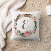 Waterverf Floral Wreath met veren | Monogram Kussen (Deken)