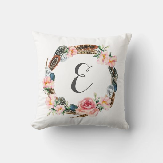 Waterverf Floral Wreath met veren | Monogram Kussen (Voorkant)