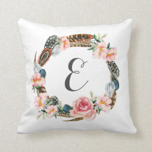 Waterverf Floral Wreath met veren   Monogram Kussen