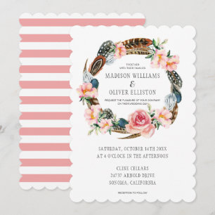 Waterverf Floral Wreath met veren Weddenschap Kaart