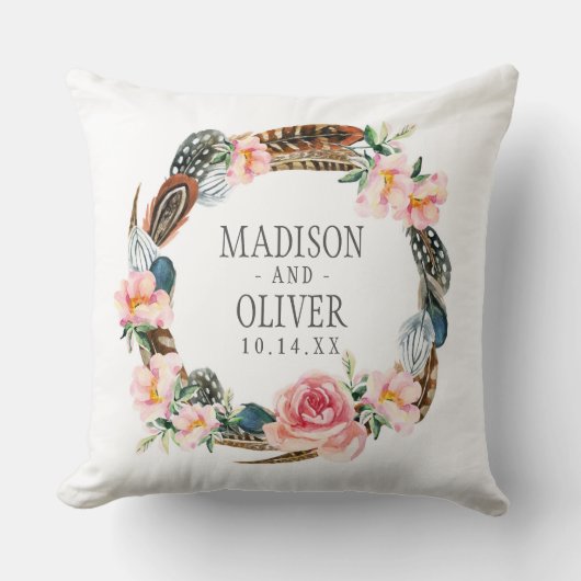 Waterverf Floral Wreath met veren | Weddenschap Kussen (Voorkant)