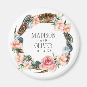 Waterverf Floral Wreath met veren   Weddenschap Magneet