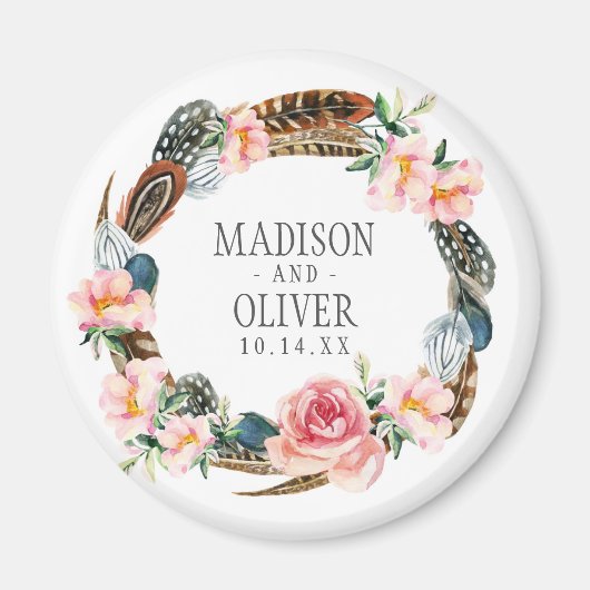 Waterverf Floral Wreath met veren | Weddenschap Magneet (Voorkant)
