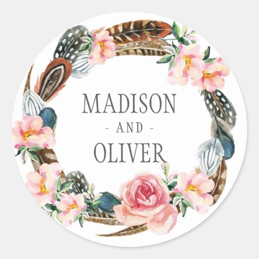 Waterverf Floral Wreath met veren | Weddenschap Ronde Sticker (Voorkant)