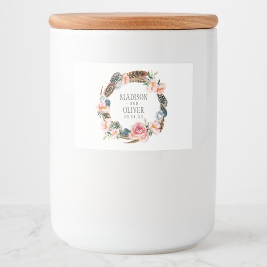 Waterverf Floral Wreath met veren | Weddenschap Voedselcontainer Etiket (Voorkant)