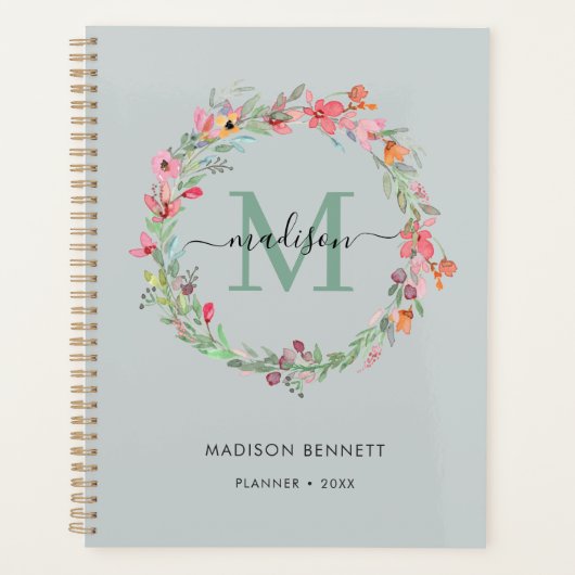 Waterverf Floral Wreath Monogram Planner (Voorkant)