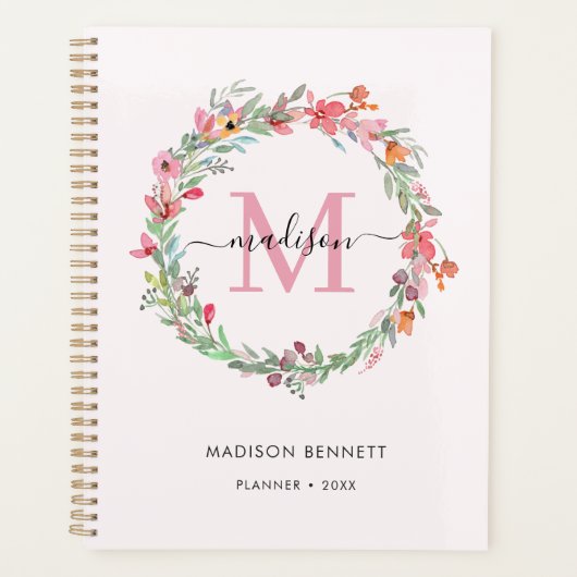 Waterverf Floral Wreath Monogram Planner (Voorkant)