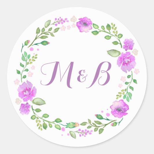 Waterverf Floral Wreath Paars Wedding Ronde Sticker (Voorkant)