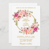 Waterverf Floral Wreath Pink Blush Gold Wedding Kaart (Voorkant / Achterkant)