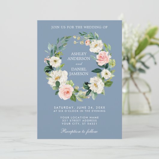 Waterverf Floral Wreath Pink Dusty Blue Wedding Kaart (Staand voorkant)