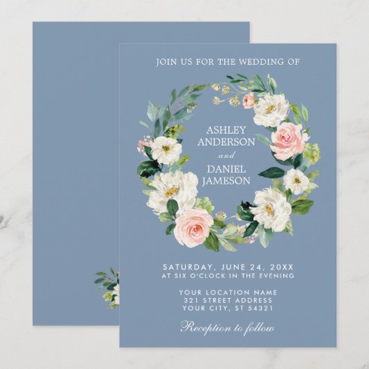 Waterverf Floral Wreath Pink Dusty Blue Wedding Kaart (Voorkant / Achterkant)