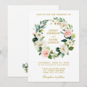 Waterverf Floral Wreath Pink White Gold Wedding Kaart (Voorkant / Achterkant)