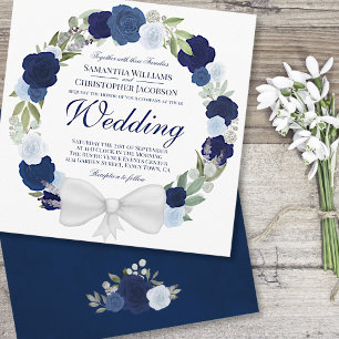 Waterverf Floral Wreath Wedding Dusty Blue & Navy Kaart