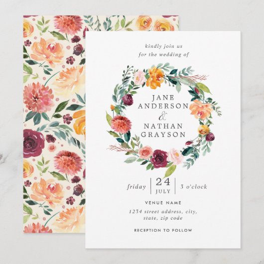 Waterverf Floral Wreath Wedding Invitation Kaart (Voorkant / Achterkant)