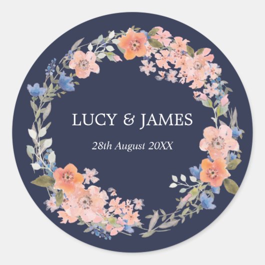 Waterverf Floral Wreath Wedding Ronde Sticker (Voorkant)