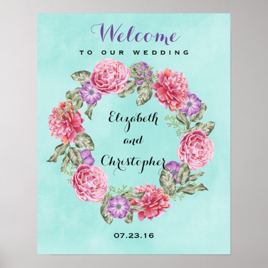 Waterverf Floral Wreath Wedding Welkom Poster (Voorkant)