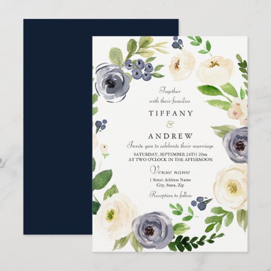 Waterverf Floral Wreath Wedding White & Navy Kaart (Voorkant / Achterkant)