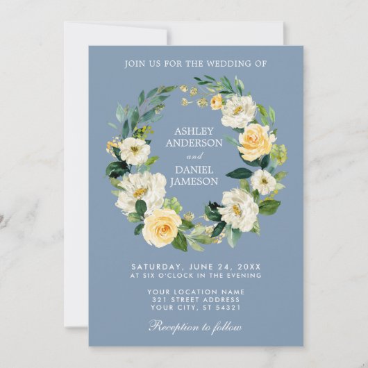 Waterverf Floral Wreath Yellow Dusty Blue Wedding Kaart (Voorkant)
