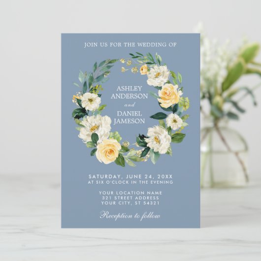 Waterverf Floral Wreath Yellow Dusty Blue Wedding Kaart (Staand voorkant)