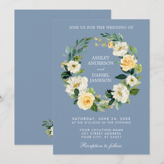 Waterverf Floral Wreath Yellow Dusty Blue Wedding Kaart (Voorkant / Achterkant)
