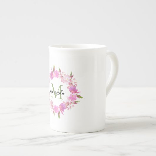 Waterverf Floral Wreatname Monogram Porselein Kop (Voorkant rechts)