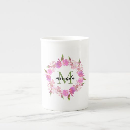 Waterverf Floral Wreatname Monogram Porselein Kop (Voorkant)