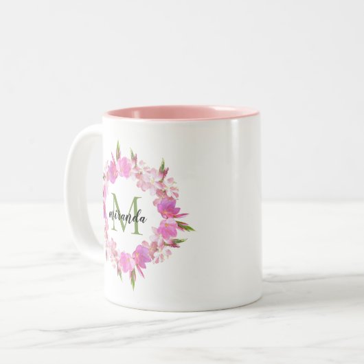 Waterverf Floral Wreatname Monogram Tweekleurige Koffiemok (Voorkant links)